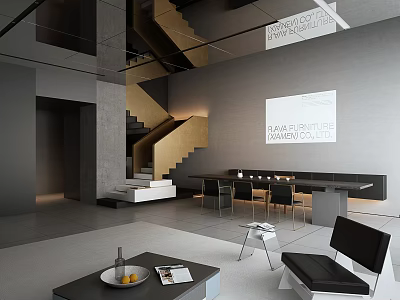 Modern Leisure Area Interior With Gray Walls Stairs Black Table White Chairs And Projection Screen 3d model