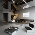 Modern Leisure Area Interior With Gray Walls Stairs Black Table White Chairs And Projection Screen