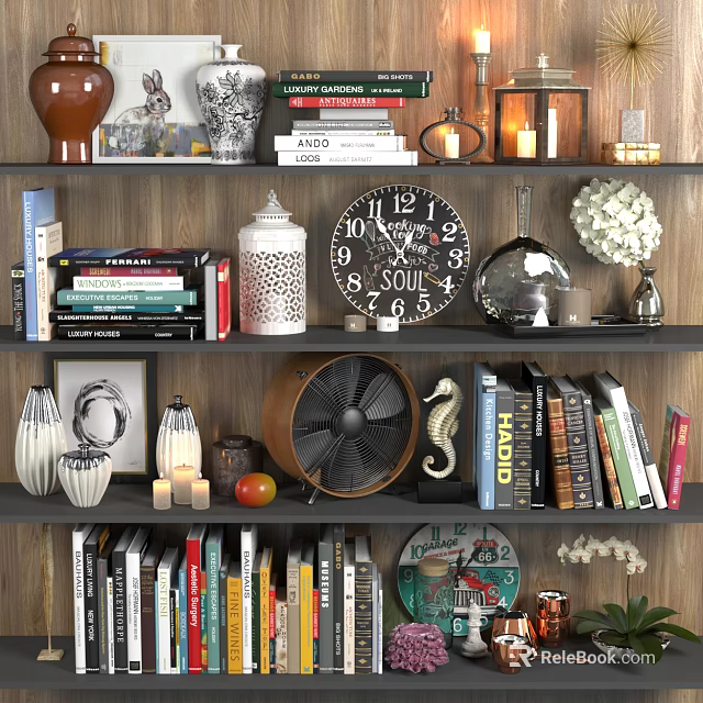 Decorative Ornament and Figurine Combination on Shelves with Books Clock Vases and Candles 3d model 