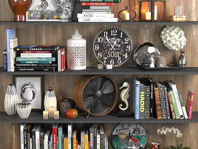 Decorative Ornament and Figurine Combination on Shelves with Books Clock Vases and Candles 3d model