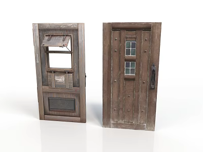 Vintage Wooden Doors with Small Windows Mail Slot and Metal Handle on Rustic Design 3d model
