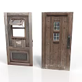 Vintage Wooden Doors with Small Windows Mail Slot and Metal Handle on Rustic Design