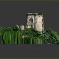 Cartoon Scene of Two Ancient Towers Castle Ruins Surrounded by Lush Green Vegetation and Path
