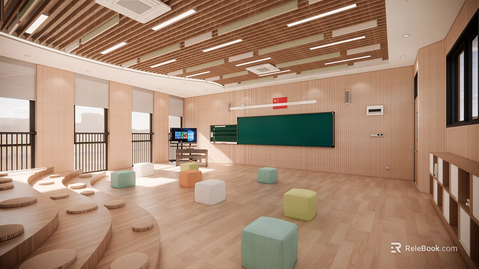 School Classroom Interior Design With Wooden Walls Colorful Stools Green Blackboard And Multimedia Screen 3d model 