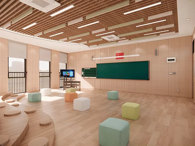 School Classroom Interior Design With Wooden Walls Colorful Stools Green Blackboard And Multimedia Screen 3d model