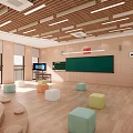 School Classroom Interior Design With Wooden Walls Colorful Stools Green Blackboard And Multimedia Screen