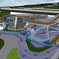 Colorful Garden Landscape With Winding White Walkway Blue Pink Pavement Trees And Play Facilities