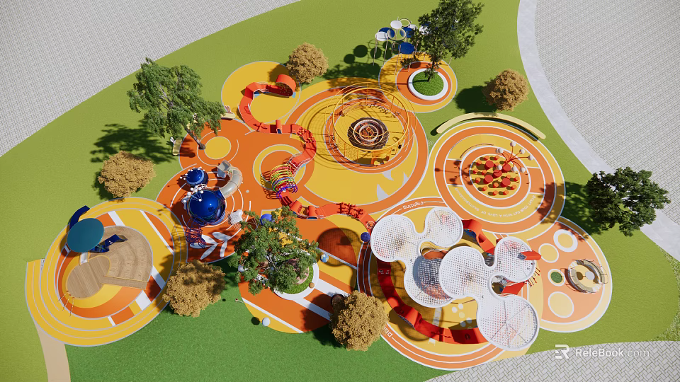 Kids Play Area With Colorful Circular Ground Design Trees And Interactive Play Structures 3d model