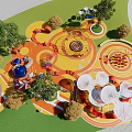 Kids Play Area With Colorful Circular Ground Design Trees And Interactive Play Structures 3d model
