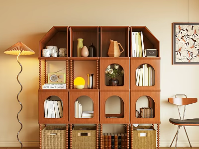 Wooden Bookshelf with Compartments Books Vases Baskets Decorative Items and Floor Lamp 3d model