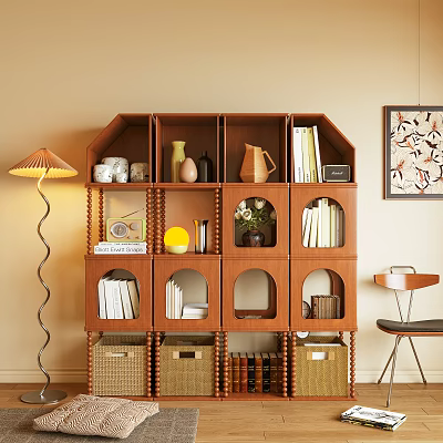 Wooden Bookshelf with Compartments Books Vases Baskets Decorative Items and Floor Lamp 3d model