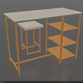 Wooden Frame Console Table With Light Colored Top Matching Stool And Multiple Shelves 3d model