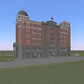 Red Brick School Building With Dome Tower Red Flag Green Trees And Lawn