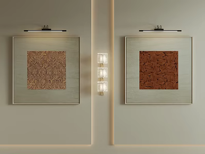 Two Abstract Paintings with Silver Frames Different Textures on Modern Wall with Lighting 3d model