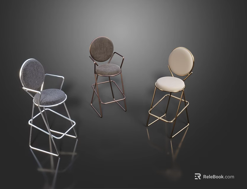 Modern Bar Stools Collection With Gray And White Upholstered Seats And Metal Frames 3d model 