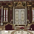 Ornate Luxurious Interior With Marble Columns Large Window Chandeliers And Curtains