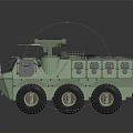 Green Military Armored Vehicle With Six Wheels Turret And Machine Gun
