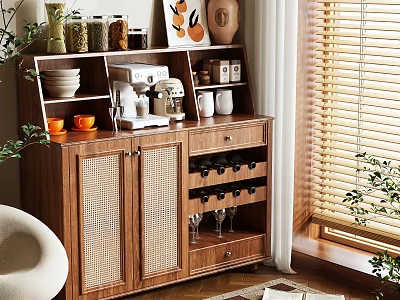 Wooden Sideboard Cabinet With Shelves Coffee Machine Wine Rack And Woven Doors 3d model