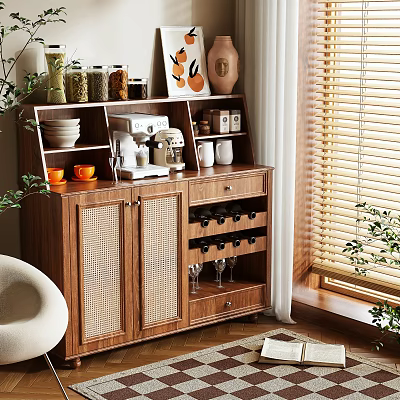 Wooden Sideboard Cabinet With Shelves Coffee Machine Wine Rack And Woven Doors 3d model