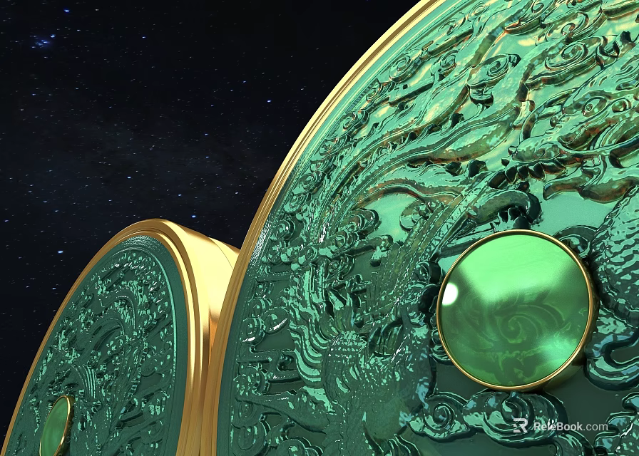 Green Dragon Carved Circular Decor With Golden Borders And Green Gemstones Against Starry Sky Background 3d model 