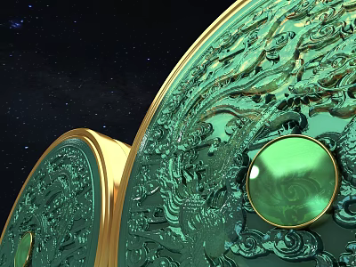 Green Dragon Carved Circular Decor With Golden Borders And Green Gemstones Against Starry Sky Background 3d model