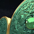 Green Dragon Carved Circular Decor With Golden Borders And Green Gemstones Against Starry Sky Background