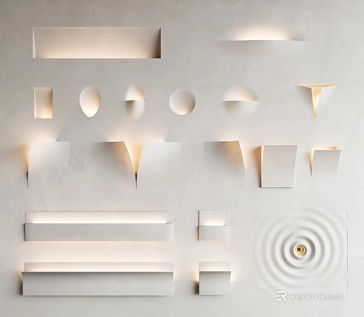 Modern Wall Sconces With Various Creative Shapes Mounted On White Interior Wall 3d model 