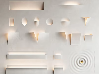 Modern Wall Sconces With Various Creative Shapes Mounted On White Interior Wall 3d model