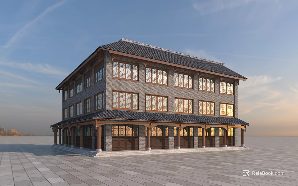 Two Story Traditional Chinese Building With Tile Roof Brick Wall Wooden Windows And Veranda 3d model 