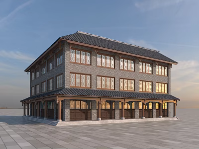 Two Story Traditional Chinese Building With Tile Roof Brick Wall Wooden Windows And Veranda 3d model