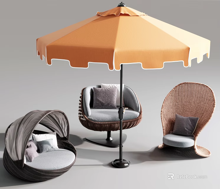 Woven Rattan Outdoor Sofa With Gray Cushions And Orange Sunshade Umbrella 3d model 