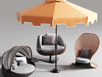 Woven Rattan Outdoor Sofa With Gray Cushions And Orange Sunshade Umbrella 3d model