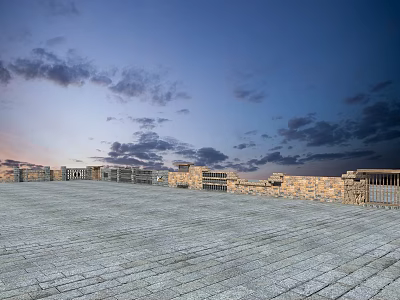 Empty Stone Paved Square With Ancient Buildings Backdrop And Sunset Sky View 3d model