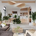 Bright Modern Living Dining Room Interior With Large Windows Comfortable Sofa Coffee Table And Green Plants