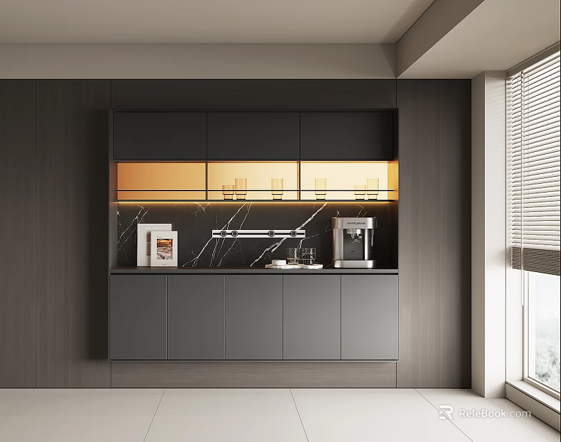 Modern Dark Gray Sideboard With Glass Doors Lighting Marble Countertop Coffee Machine Books 3d model 