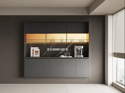 Modern Dark Gray Sideboard With Glass Doors Lighting Marble Countertop Coffee Machine Books 3d model