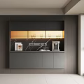 Modern Dark Gray Sideboard With Glass Doors Lighting Marble Countertop Coffee Machine Books