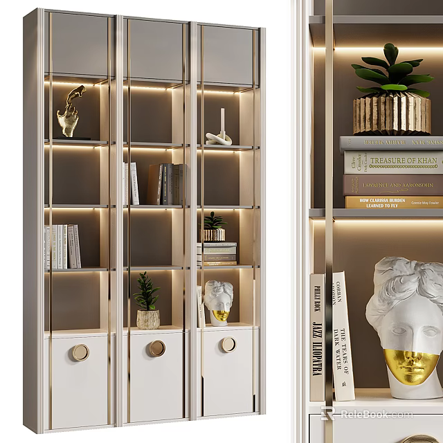 Modern Glass Door Bookcase With Books Decorative Sculptures Potted Plants Built in LED Lighting 3d model 