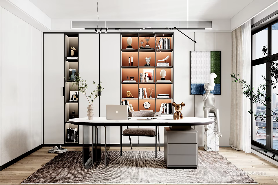 Modern Home Office Interior Design With Open Bookshelf Green Plants And Wooden Desk 3d model 