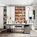 Modern Home Office Interior Design With Open Bookshelf Green Plants And Wooden Desk