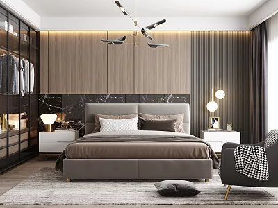 Modern Bedroom Interior Design With Gray Upholstered Headboard Wooden Striped Walls And Chandelier 3d model