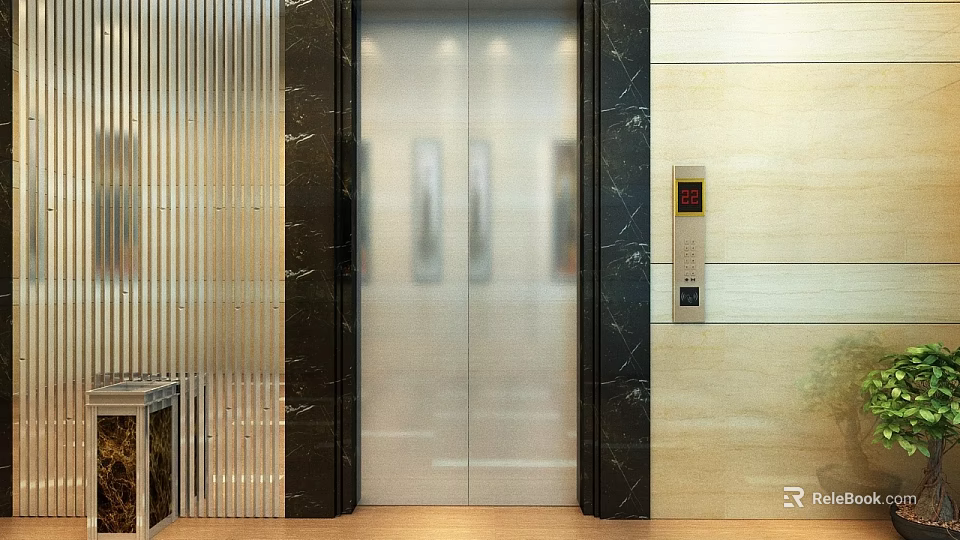 Modern Stainless Steel Elevator Door With Black Marble Frame And Control Panel 3d model 
