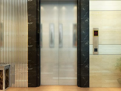 Modern Stainless Steel Elevator Door With Black Marble Frame And Control Panel 3d model