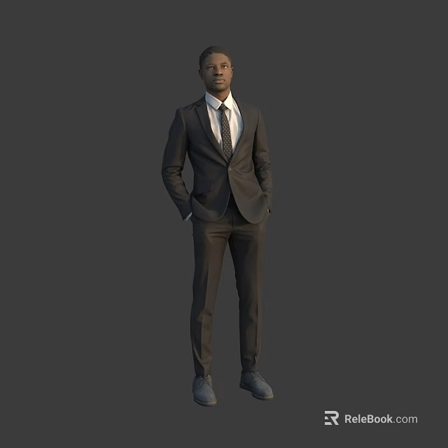 A Man in Formal Suit Standing with Hands in Pockets Against Gray Background 3d model 