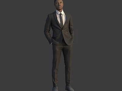 A Man in Formal Suit Standing with Hands in Pockets Against Gray Background 3d model