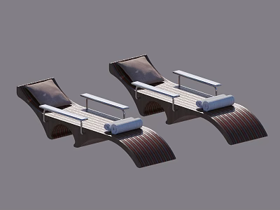 Two Modern Lounge Chairs With Curved Wooden Frame Metal Armrests And Soft Cushions 3d model