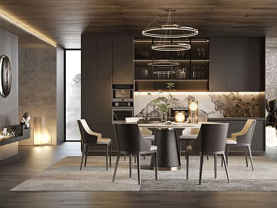 Modern Dining Room Interior With Dark Cabinets Round Pendant Lights And Marble Accents 3d model