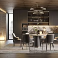 Modern Dining Room Interior With Dark Cabinets Round Pendant Lights And Marble Accents