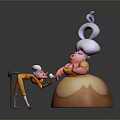 Small Character With Cane Bowing To Large Figure In Yellow Dress And White Hat