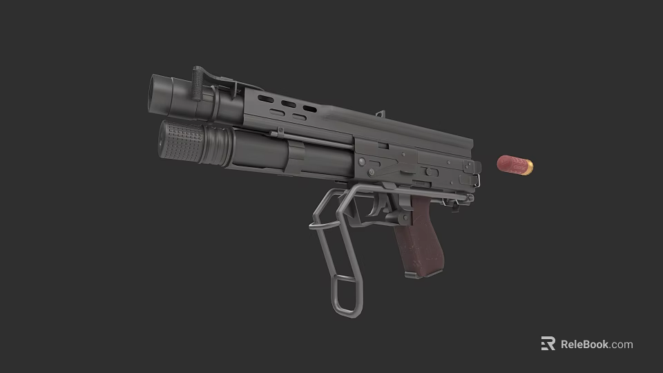 Tactical Black Pistol With Scope Magazine Brown Grip And Red Bullet 3d model 